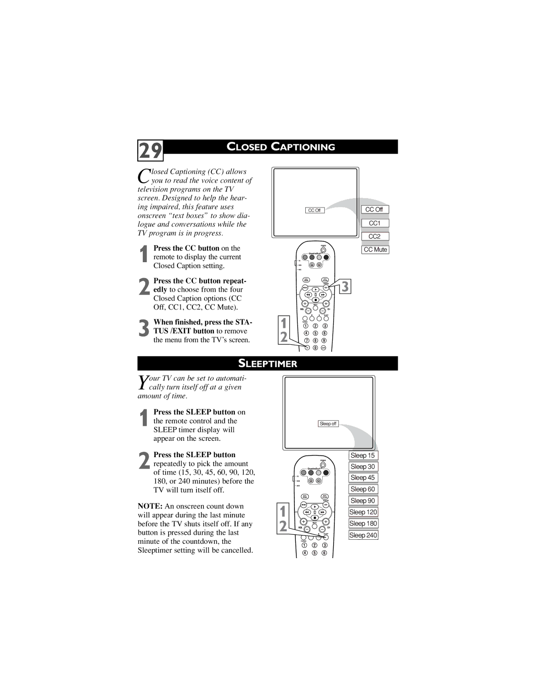 Philips 32PT6441/37, 30PW6341/37, 26PW6341/37 user manual Closed Captioning, Sleeptimer 