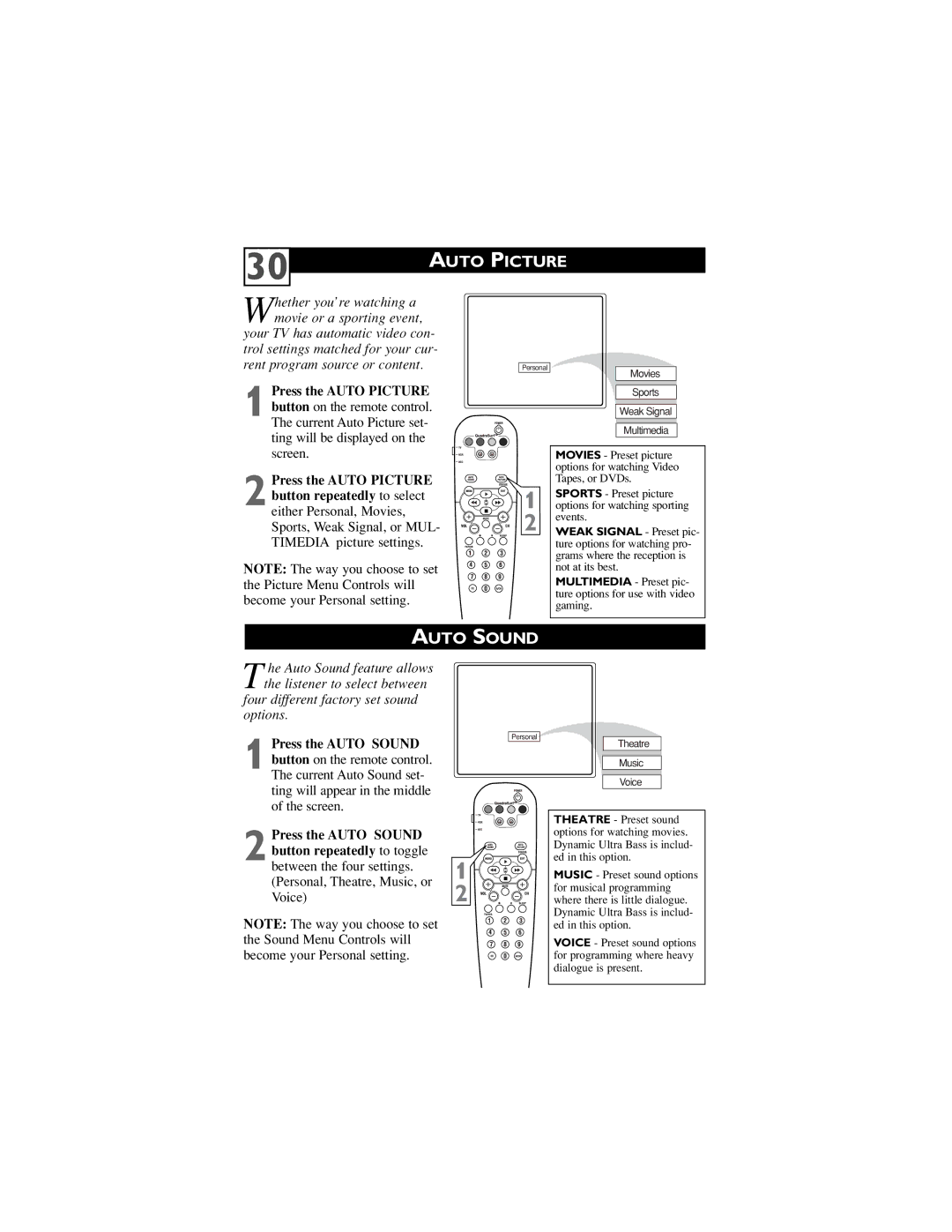 Philips 30PW6341/37, 32PT6441/37, 26PW6341/37 user manual Auto Picture, Auto Sound 