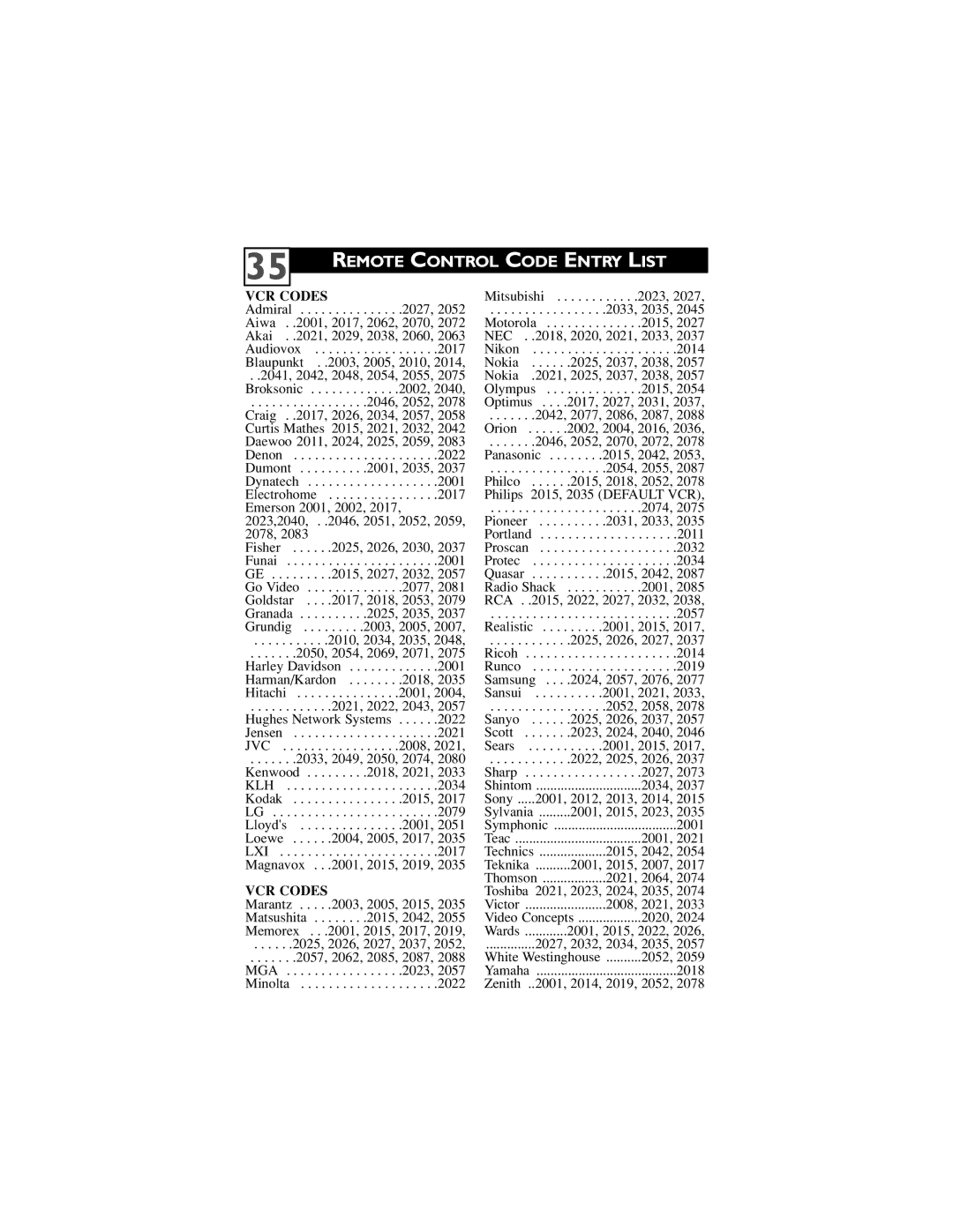 Philips 32PT6441/37, 30PW6341/37, 26PW6341/37 user manual Remote Control Code Entry List, VCR Codes 