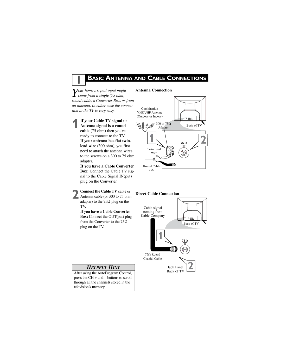 Philips 26PW6341/37, 32PT6441/37, 30PW6341/37 user manual Basic Antenna and Cable Connections 