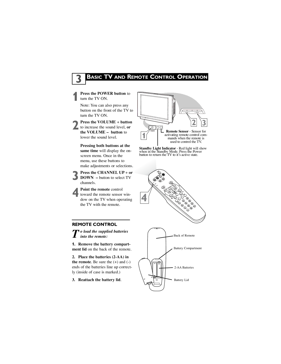 Philips 30PW6341/37 Basic TV and Remote Control Operation, Press the Power button to turn the TV on, Volume button to 