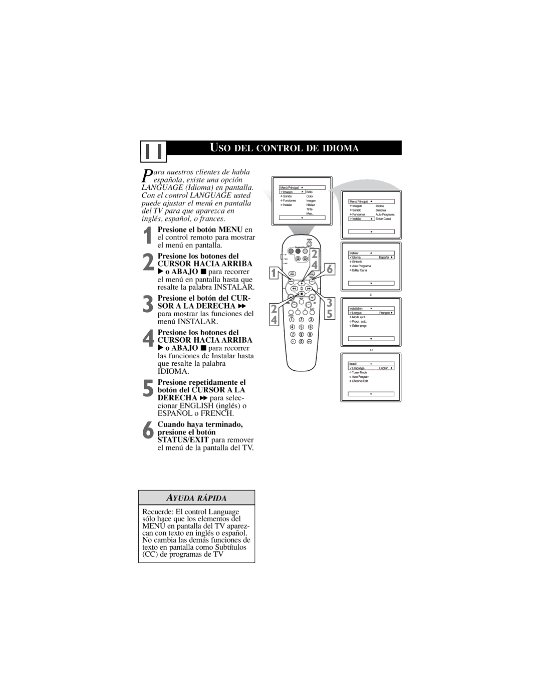 Philips 32PT6441/37, 30PW6341/37, 26PW6341/37 manual USO DEL Control DE Idioma, Presione los botones del 