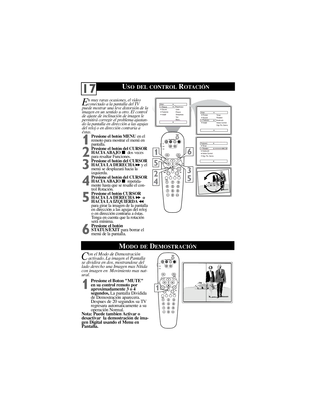 Philips 32PT6441/37 manual USO DEL Control Rotación, Modo DE Demostración, Presione el Boton Mute, En su control remoto por 