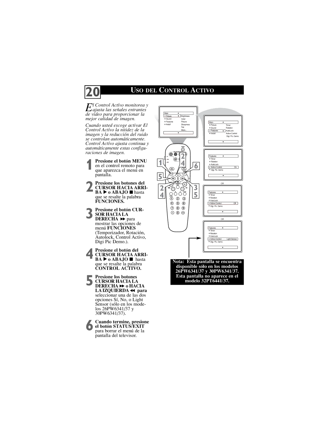 Philips 32PT6441/37, 30PW6341/37, 26PW6341/37 manual USO DEL Control Activo, Funciones 