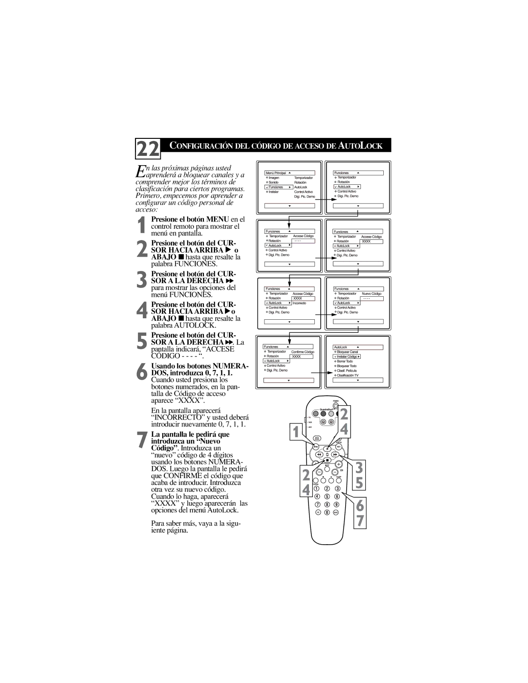 Philips 26PW6341/37, 32PT6441/37, 30PW6341/37 manual Configuración DEL Código DE Acceso DE Autolock 