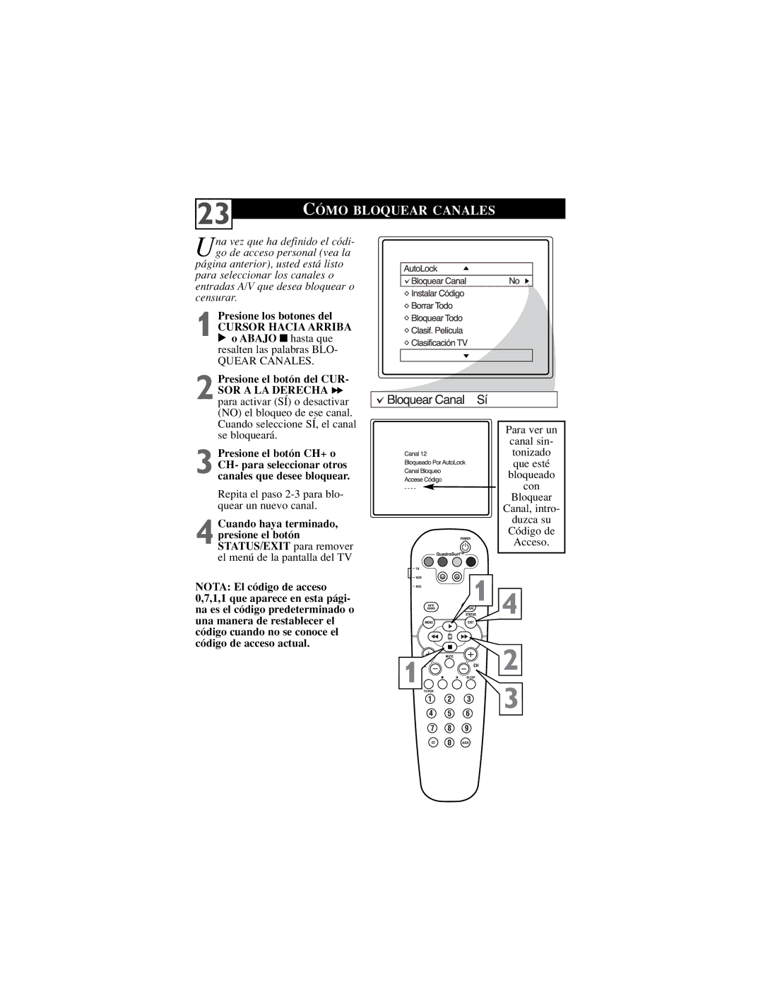 Philips 32PT6441/37, 30PW6341/37, 26PW6341/37 manual Cómo Bloquear Canales, Presione los botones del 