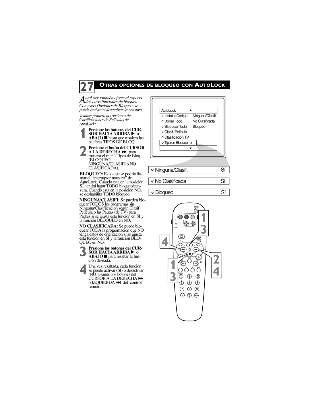 Philips 30PW6341/37, 32PT6441/37, 26PW6341/37 manual Otras Opciones DE Bloqueo CON Autolock 