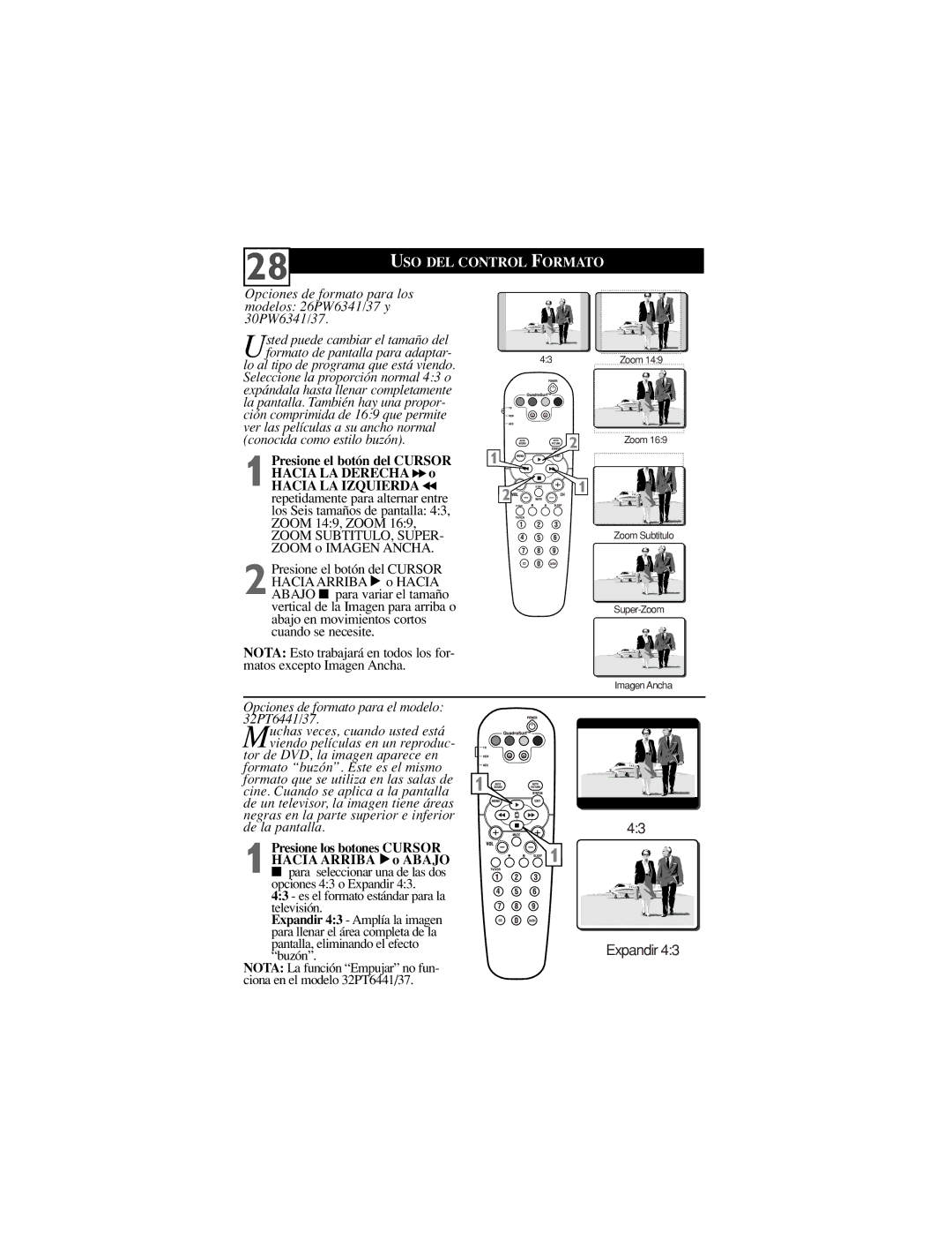 Philips 26PW6341/37, 32PT6441/37, 30PW6341/37 manual USO DEL Control Formato 