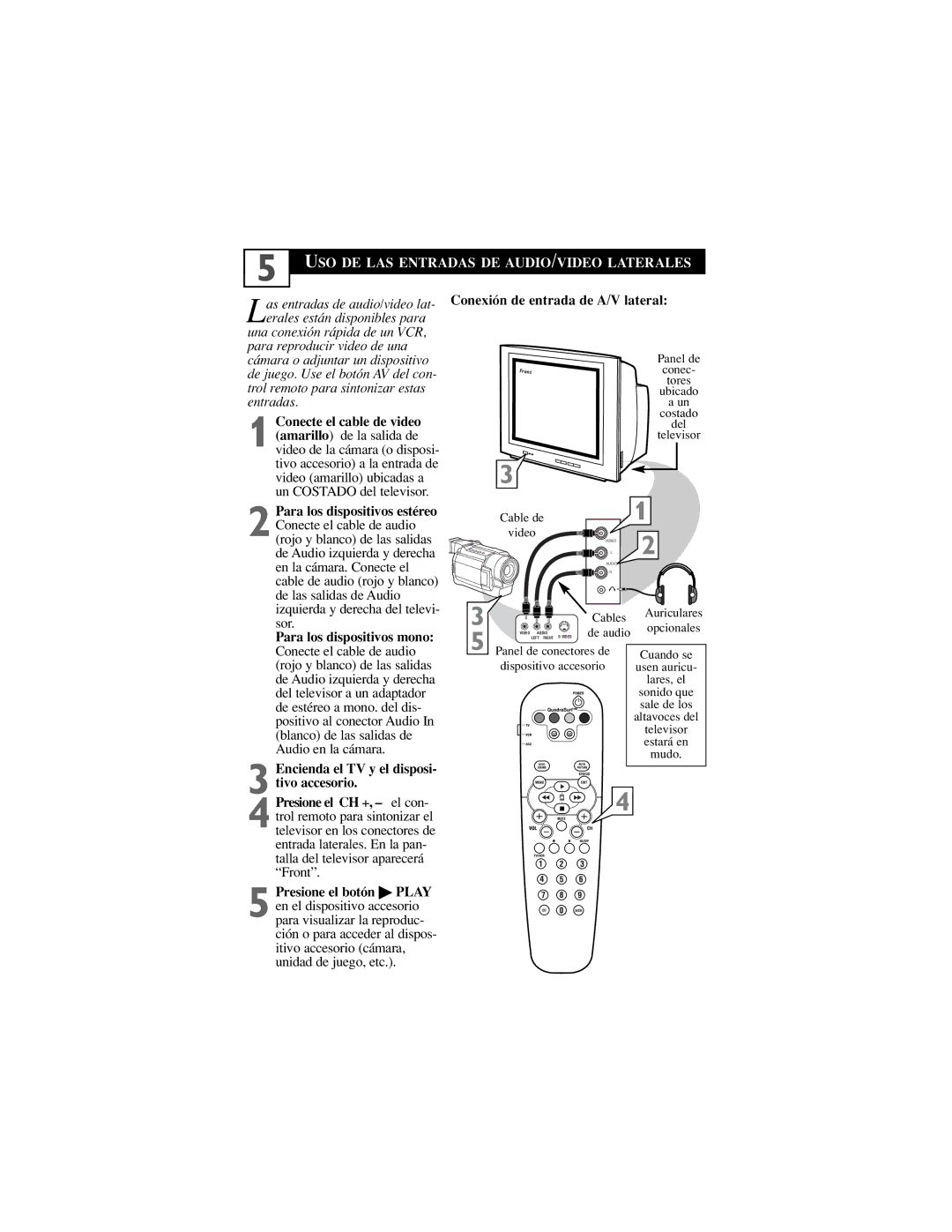 Philips 32PT6441/37, 30PW6341/37 manual USO DE LAS Entradas DE AUDIO/VIDEO Laterales, Conexión de entrada de A/V lateral 