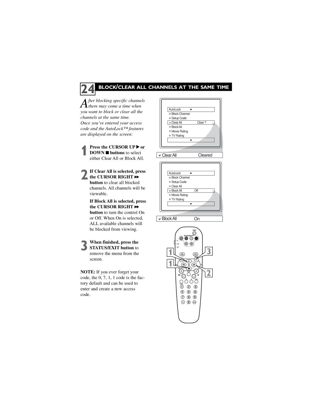 Philips 32PT6442/37 user manual BLOCK/CLEAR ALL Channels AT the Same Time 