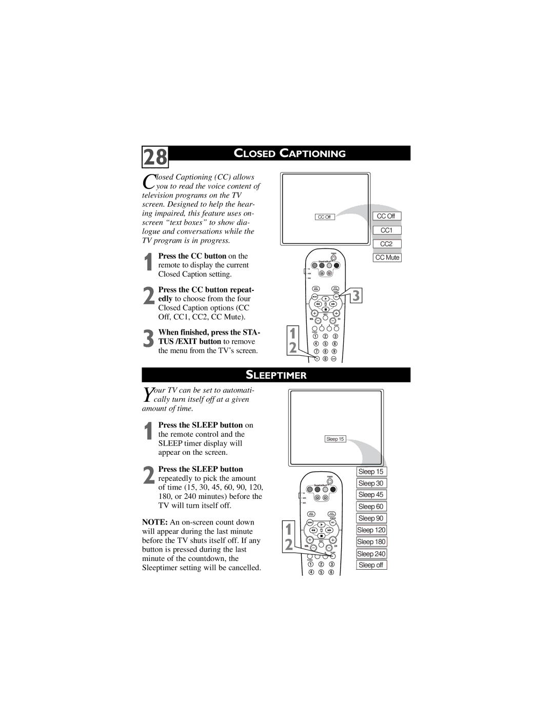 Philips 32PT6442/37 user manual Closed Captioning, Sleeptimer 