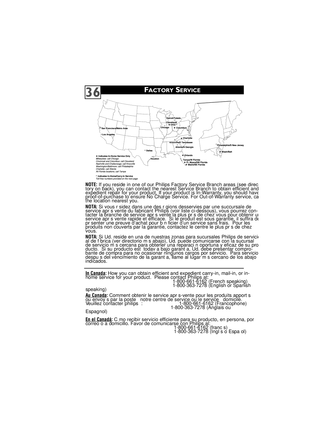 Philips 32PT6442/37 user manual Factory Service, French speaking English or Spanish Speaking 