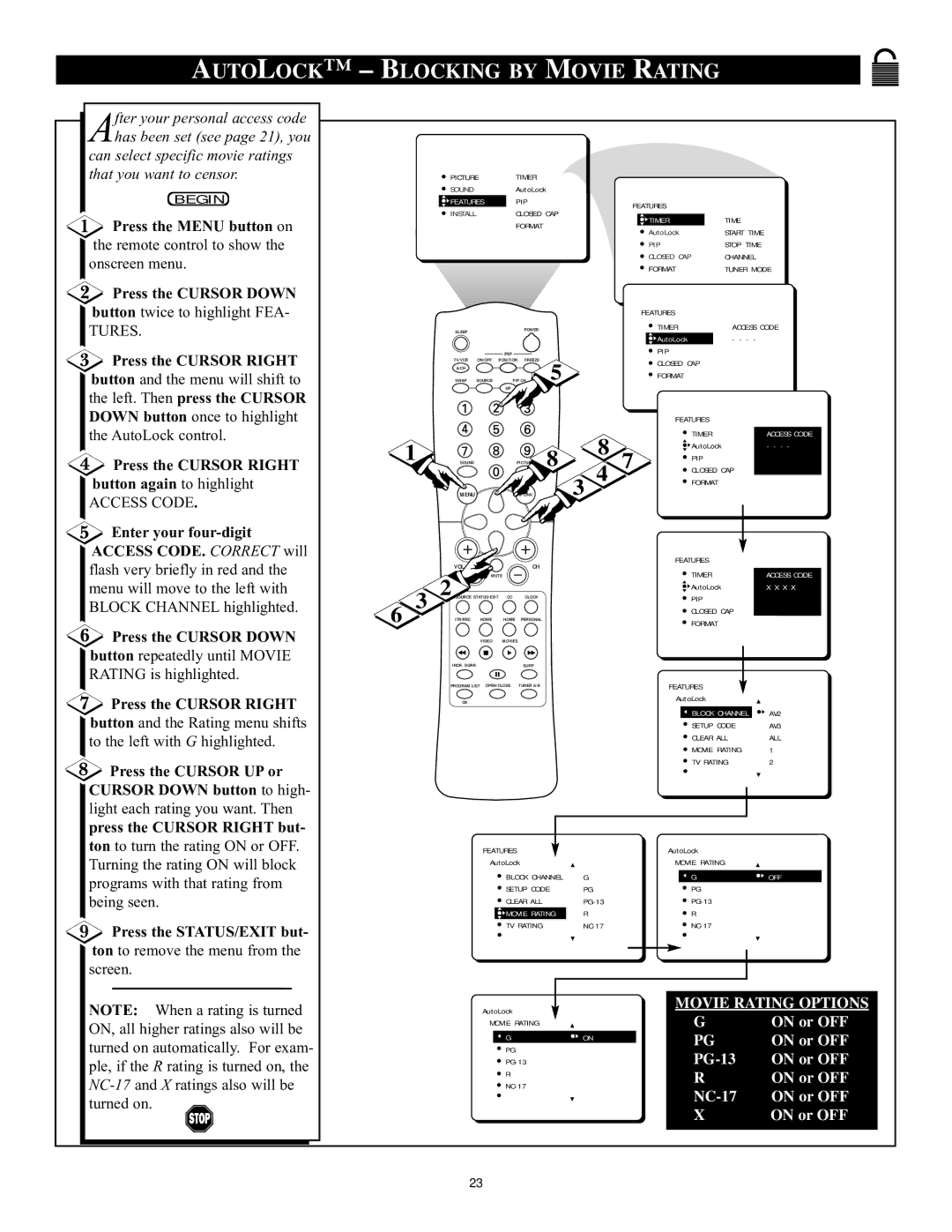 Philips 32PT71B manual Auto Lock Blocking by Movie Rating 