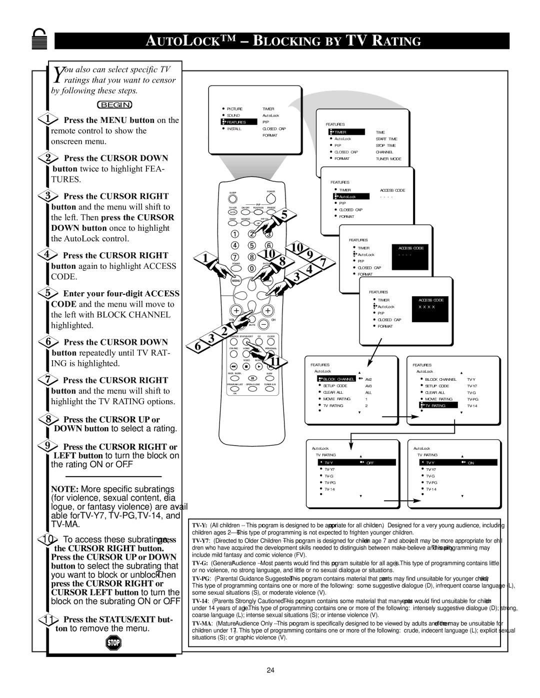 Philips 32PT71B manual Autolock Blocking by TV Rating, Code 