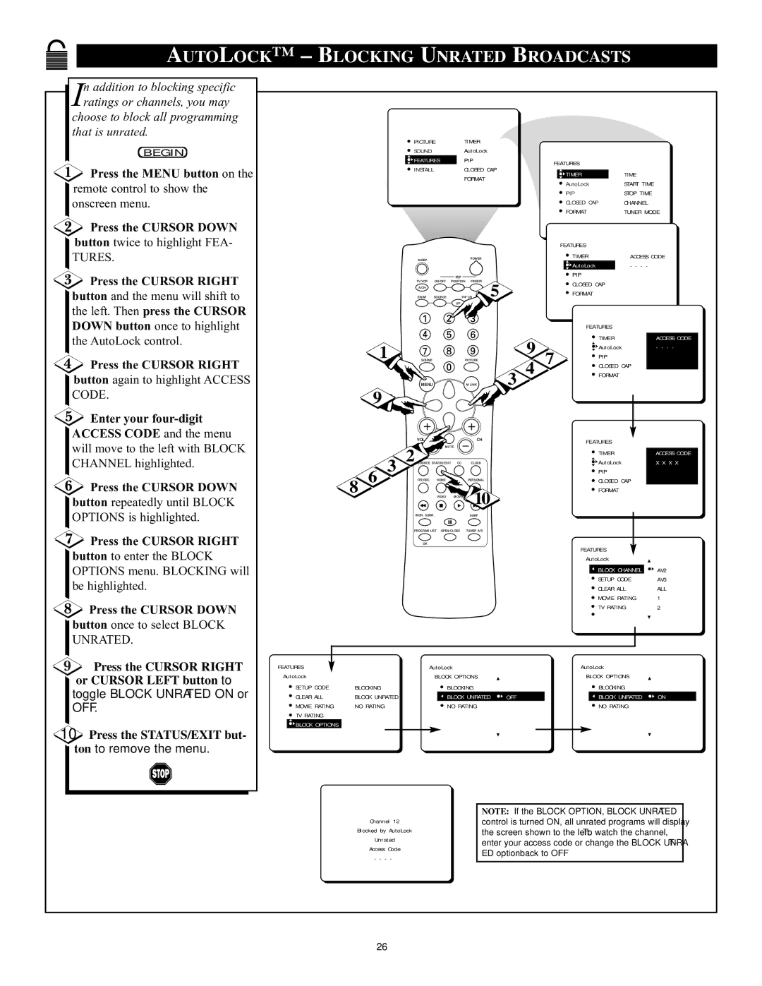 Philips 32PT71B manual Autolock Blocking Unrated Broadcasts, Enter your four-digit Access Code and the menu 