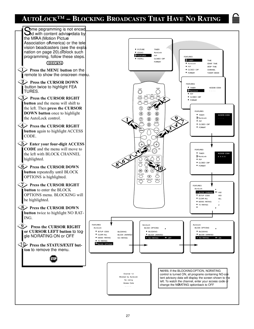 Philips 32PT71B manual Autolock Blocking Broadcasts That have no Rating, Enter your four-digit Access 