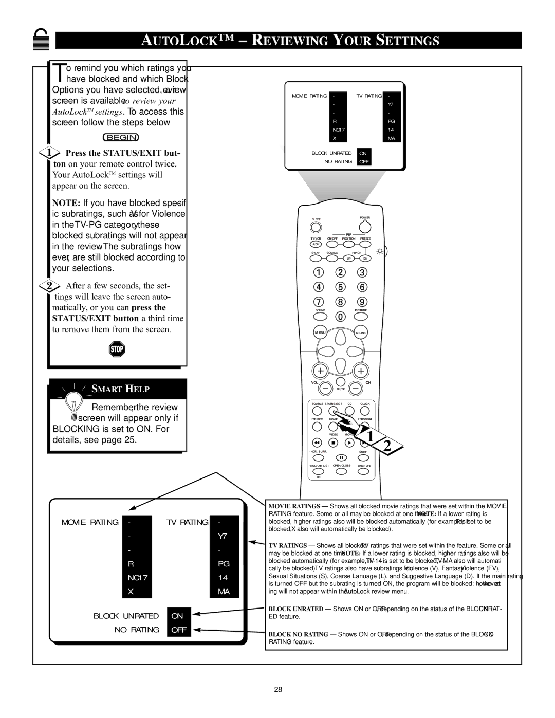 Philips 32PT71B manual Autolock Reviewing Your Settings, Block Unrated No Rating 