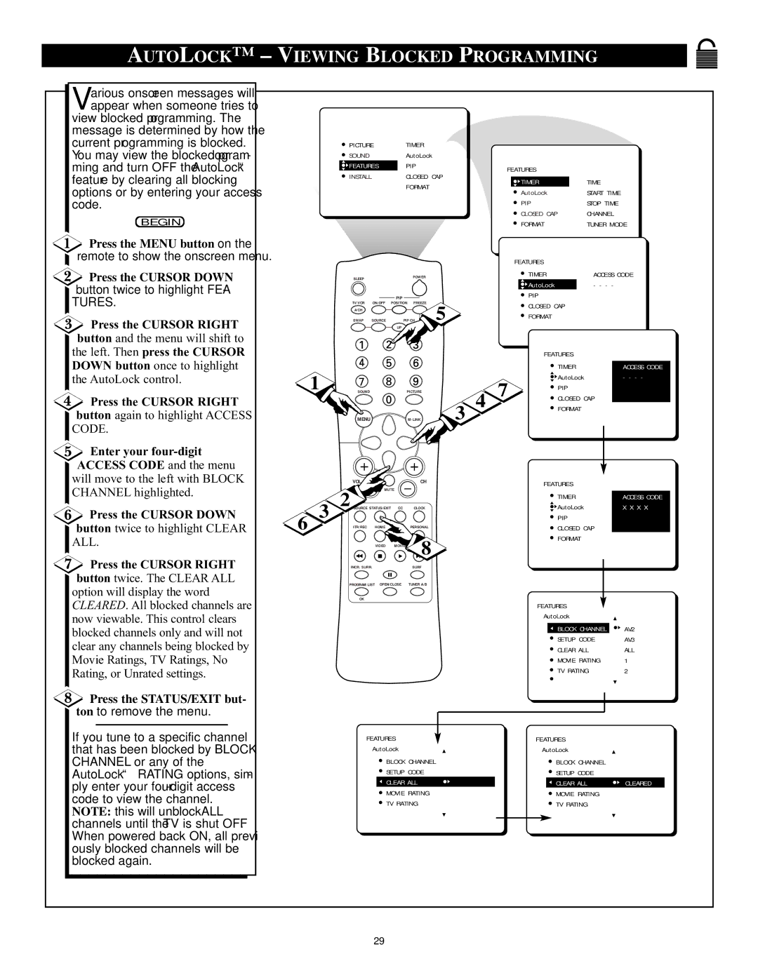 Philips 32PT71B manual Auto Lock Viewing Blocked Programming, Enter your four-digit Access Code and the menu 