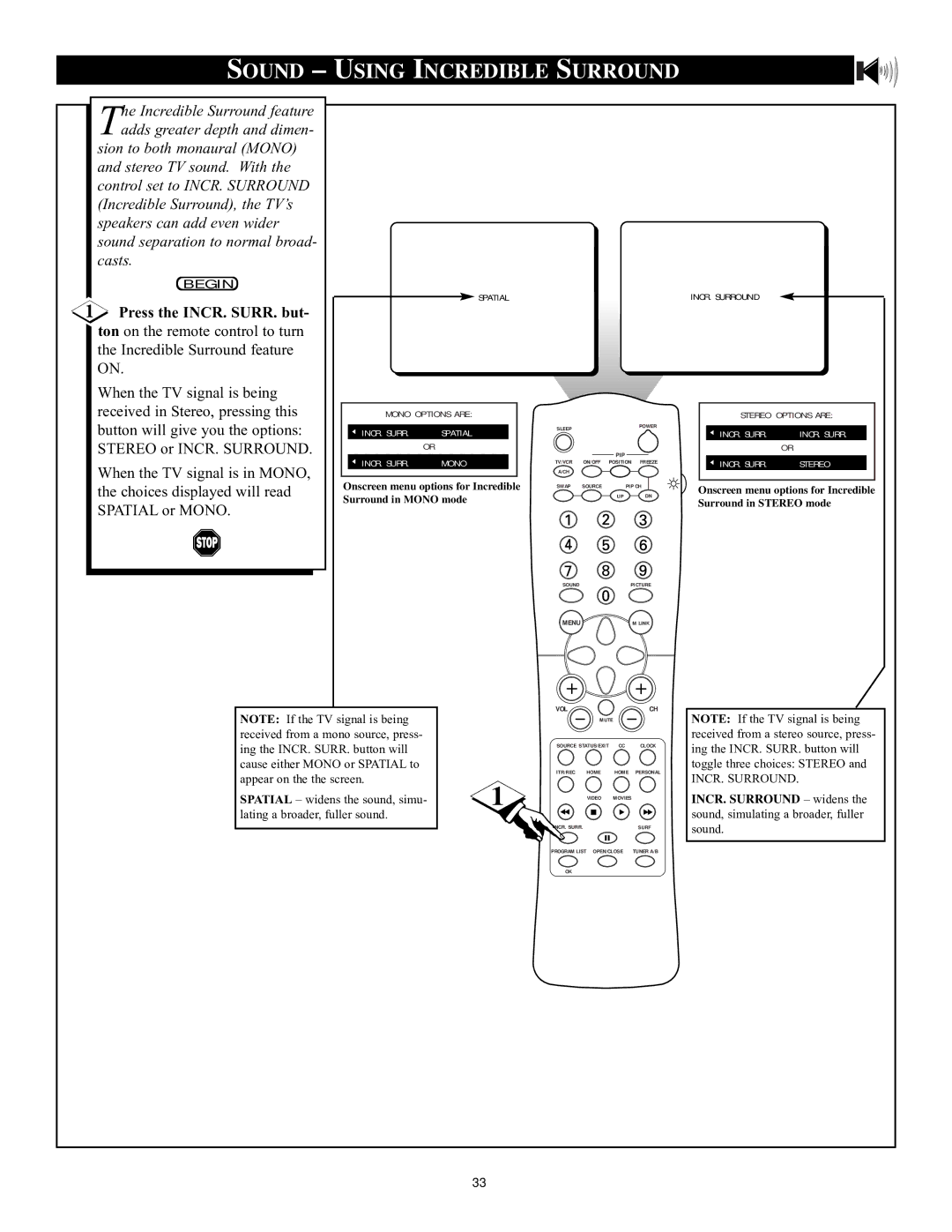 Philips 32PT71B manual Sound Using Incredible Surround, Press the INCR. SURR. but 