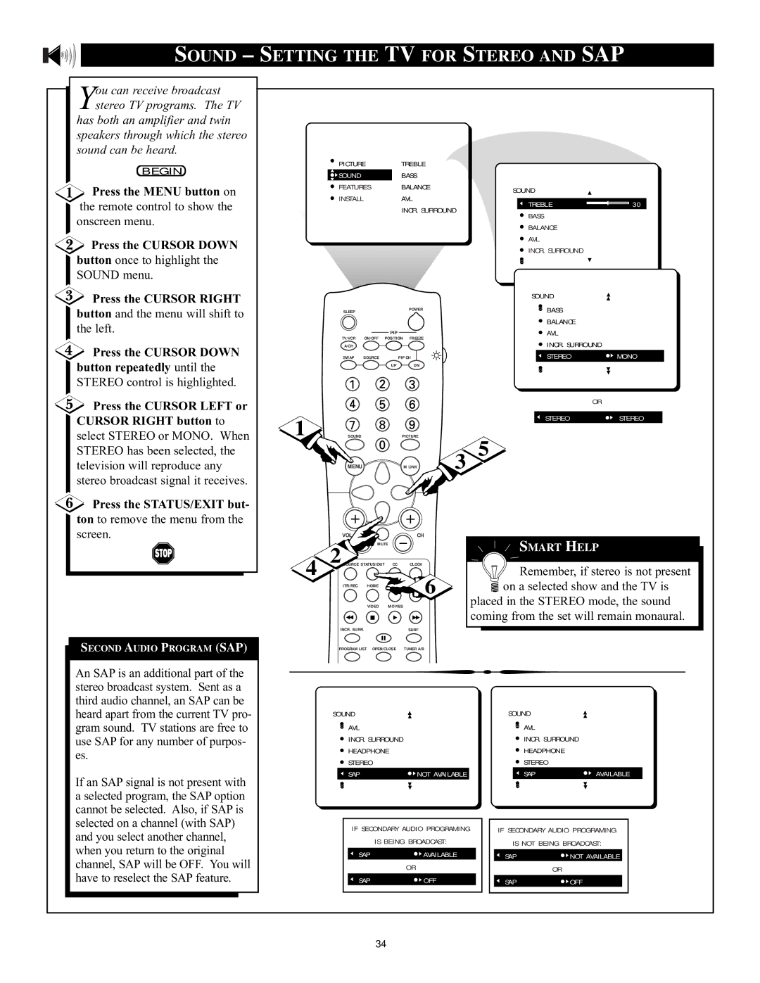 Philips 32PT71B manual Sound Setting the TV for Stereo and SAP, Press the Cursor Left or 