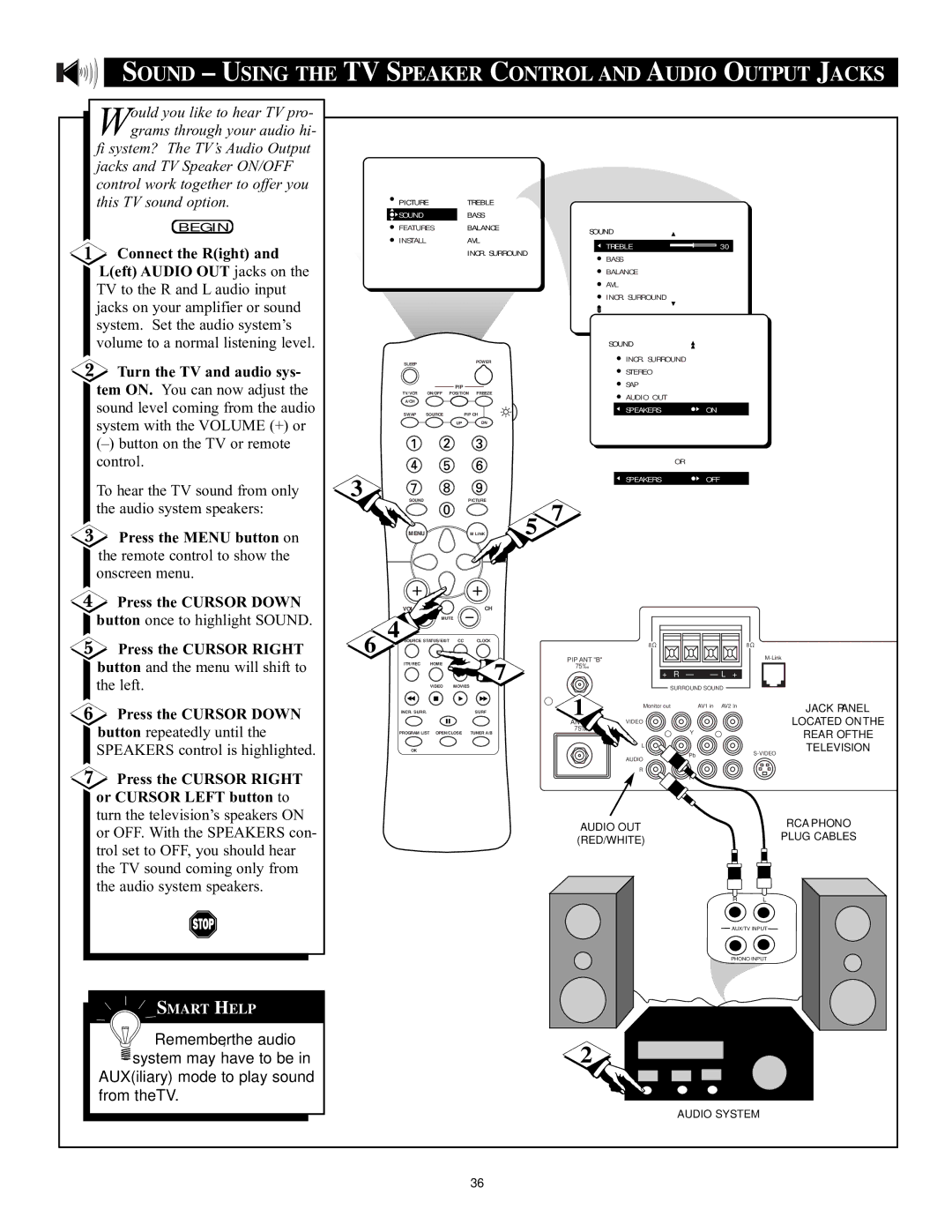 Philips 32PT71B manual Sound Using the TV Speaker Control and Audio Output Jacks, Speakers 