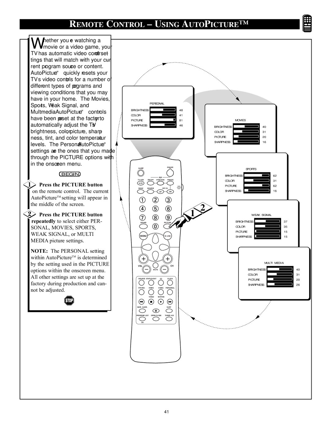 Philips 32PT71B manual Remote Control Using Autopicture, Press the Picture button 