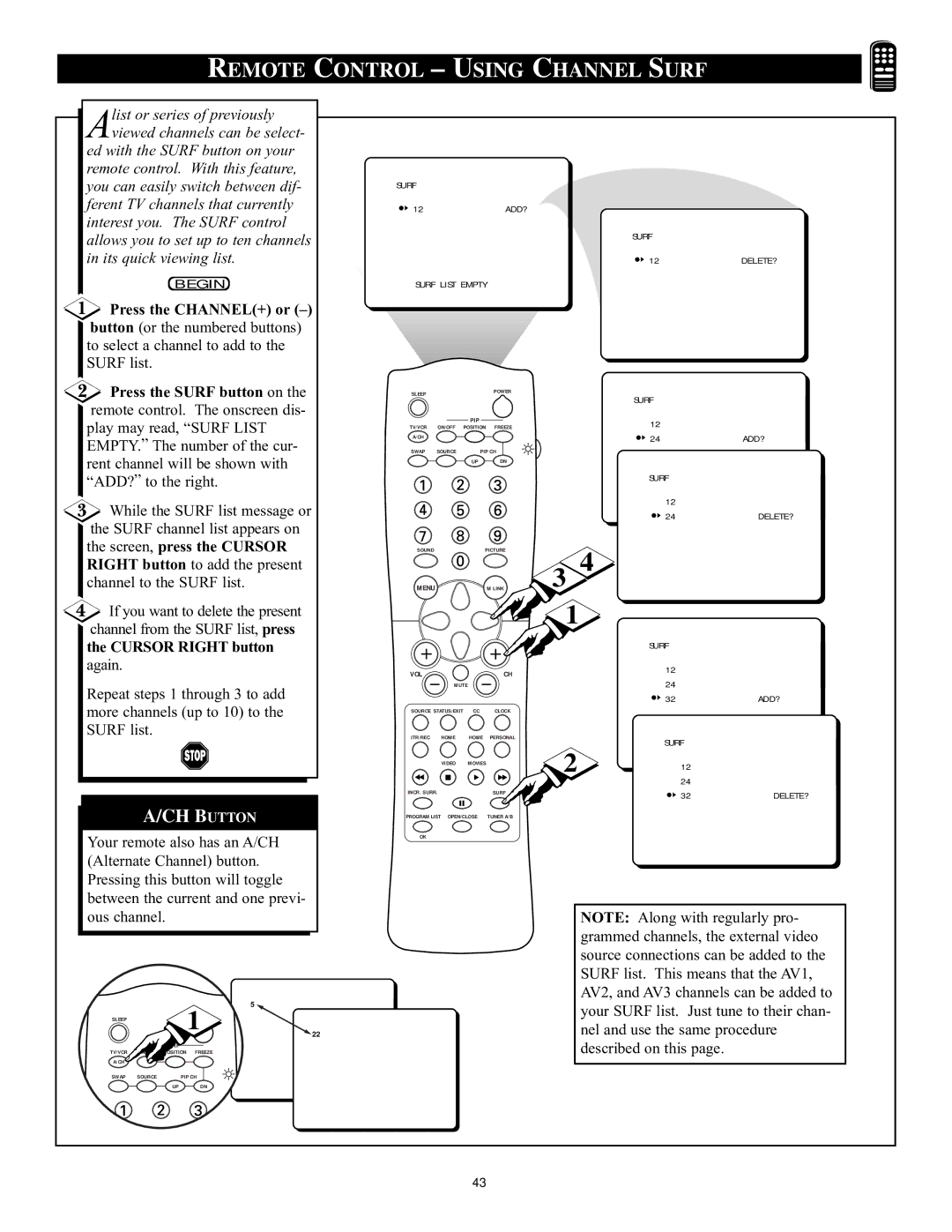 Philips 32PT71B Remote Control Using Channel Surf, Press the CHANNEL+ or Ð, Press the Surf button on, Cursor Right button 