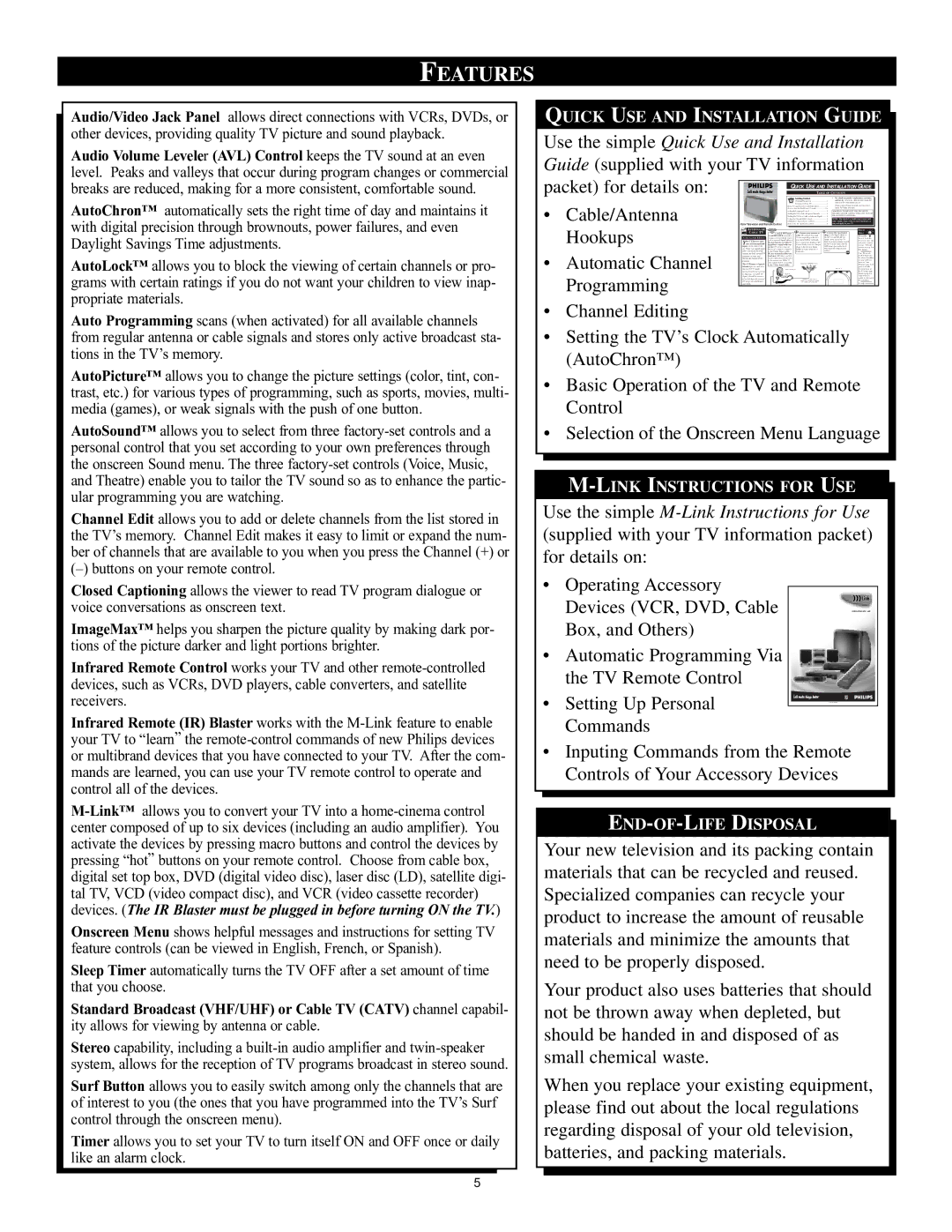 Philips 32PT71B manual Features, Ity allows for viewing by antenna or cable 