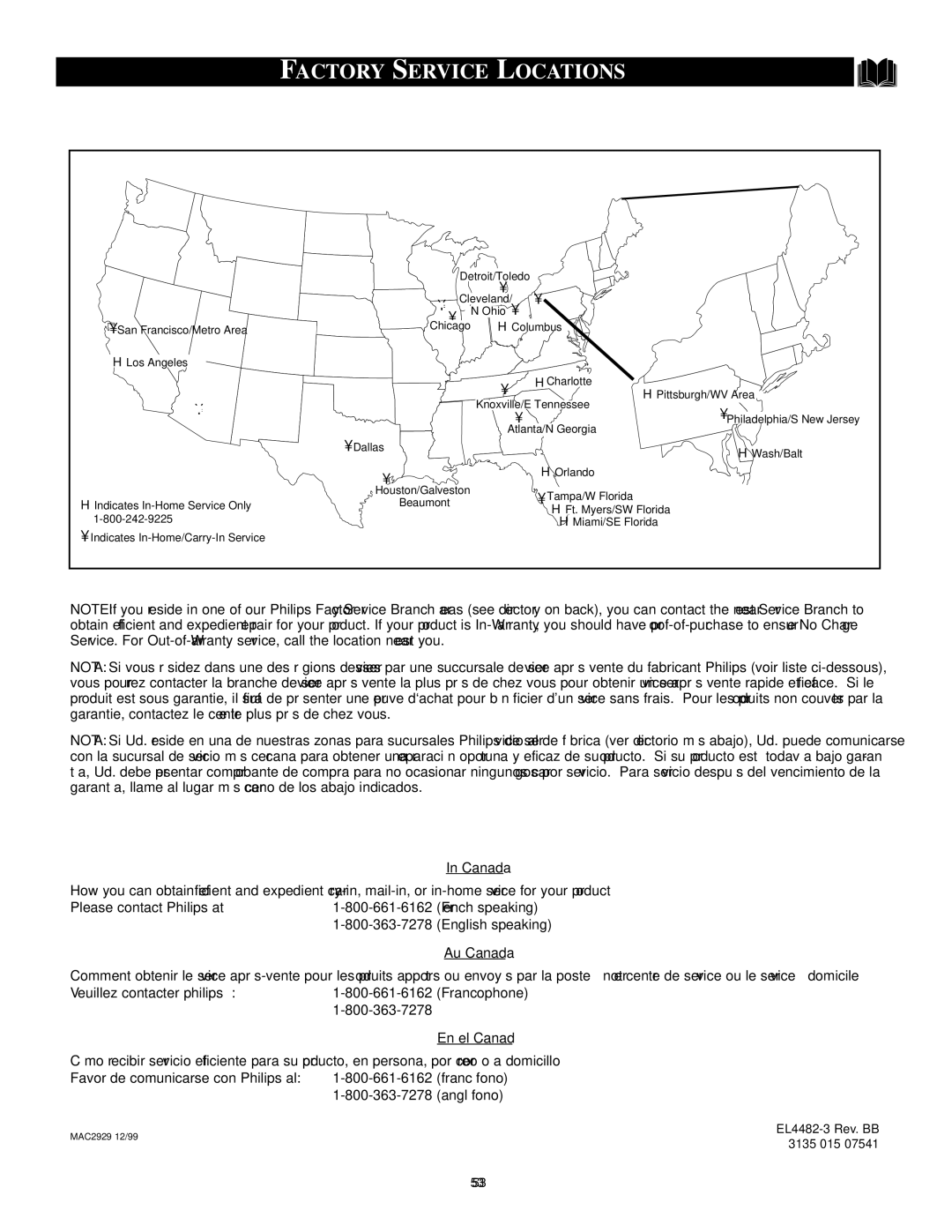 Philips 32PT71B manual Factory Service Locations, Canada 