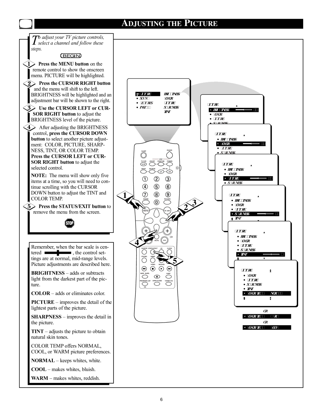 Philips 32PT71B manual Adjusting the Picture 