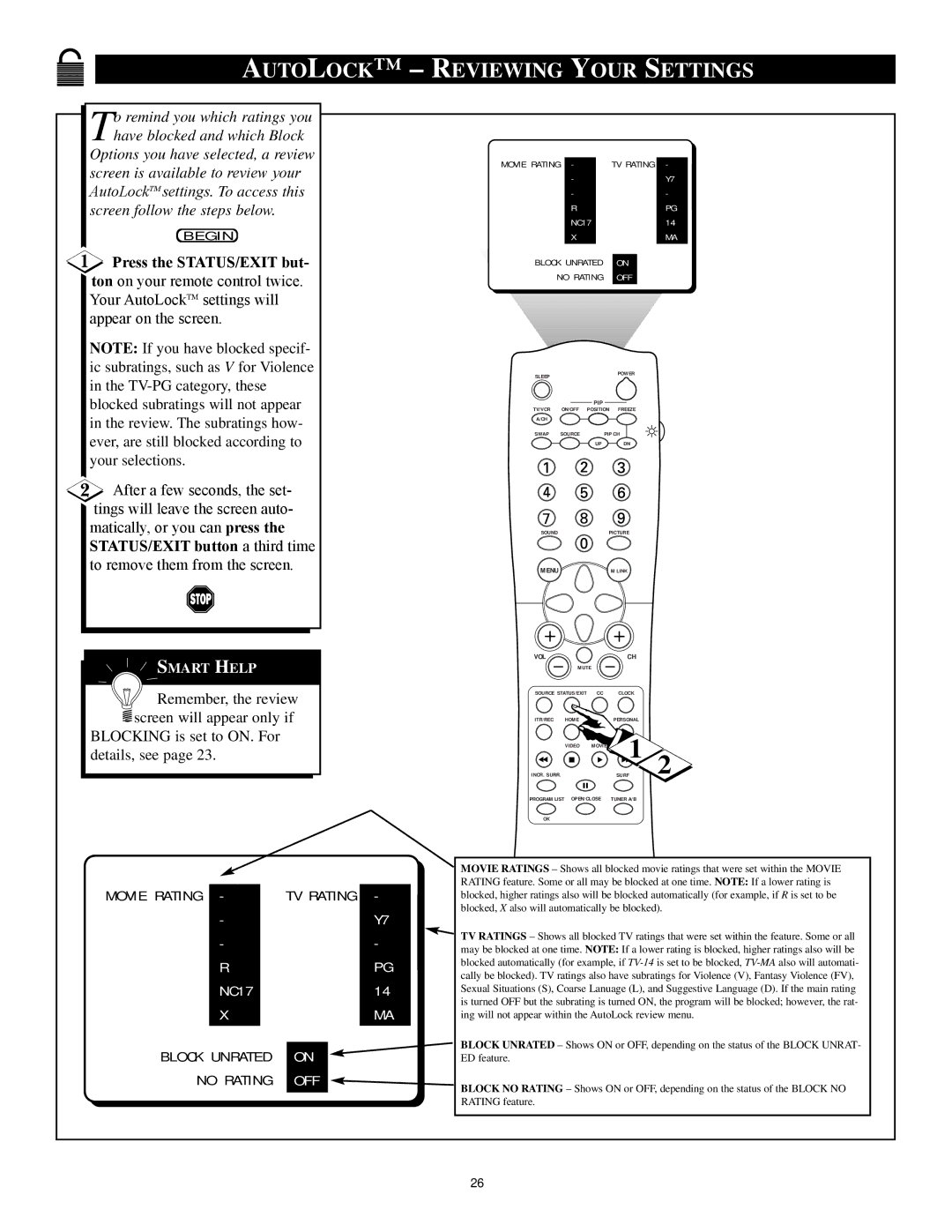 Philips 32PT81S1 manual Autolock Reviewing Your Settings, Block Unrated No Rating 