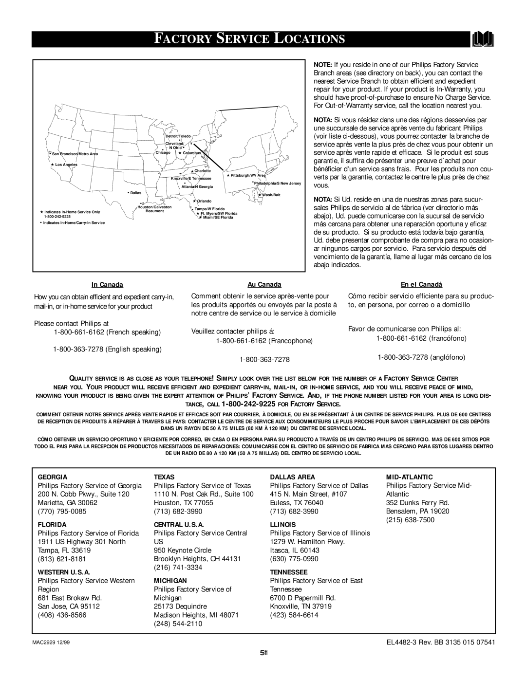 Philips 32PT81S1 manual Factory Service Locations, Canada 