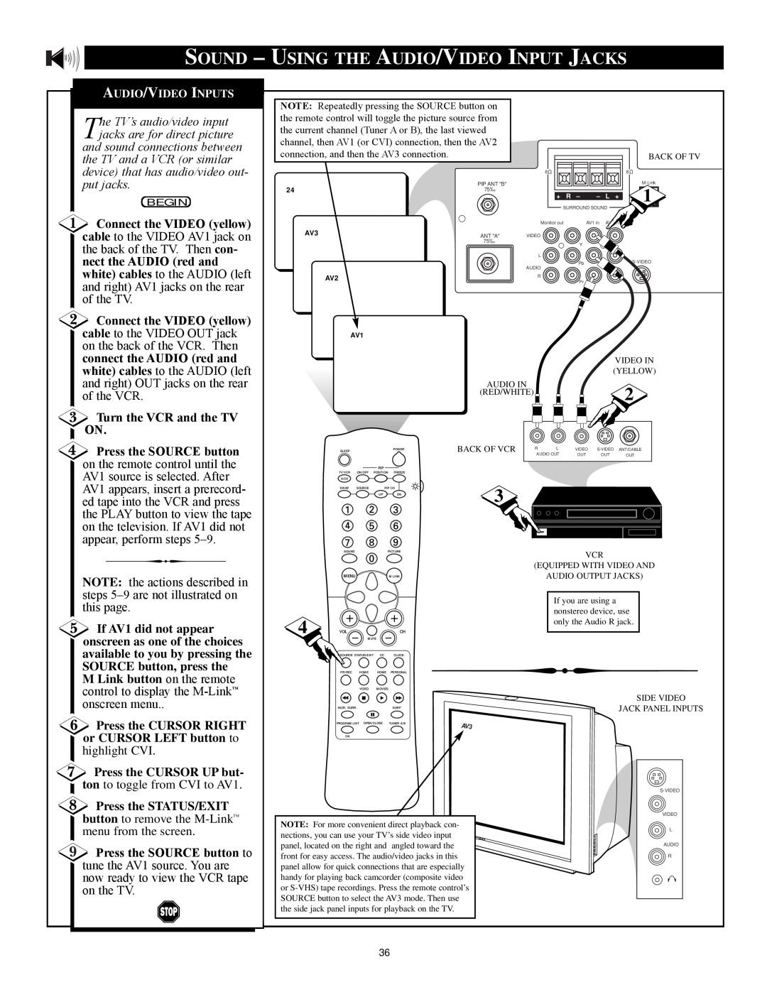 Philips 32PT81S1 manual Sound - Using The Audio/Video Input Jacks, Turn the VCR and the TV ON, Press the SOURCE button 