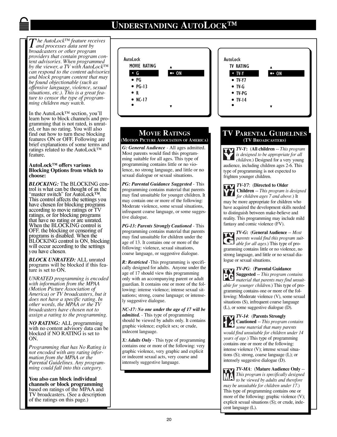 Philips 32PT91S1 manual Understanding Autolock, You also can block individual channels or block programming 