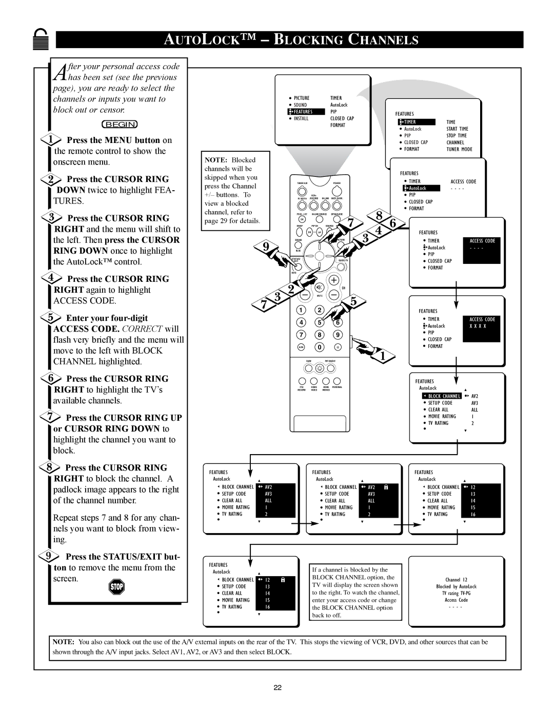 Philips 32PT91S1 manual Autolock Blocking Channels, Right again to highlight 