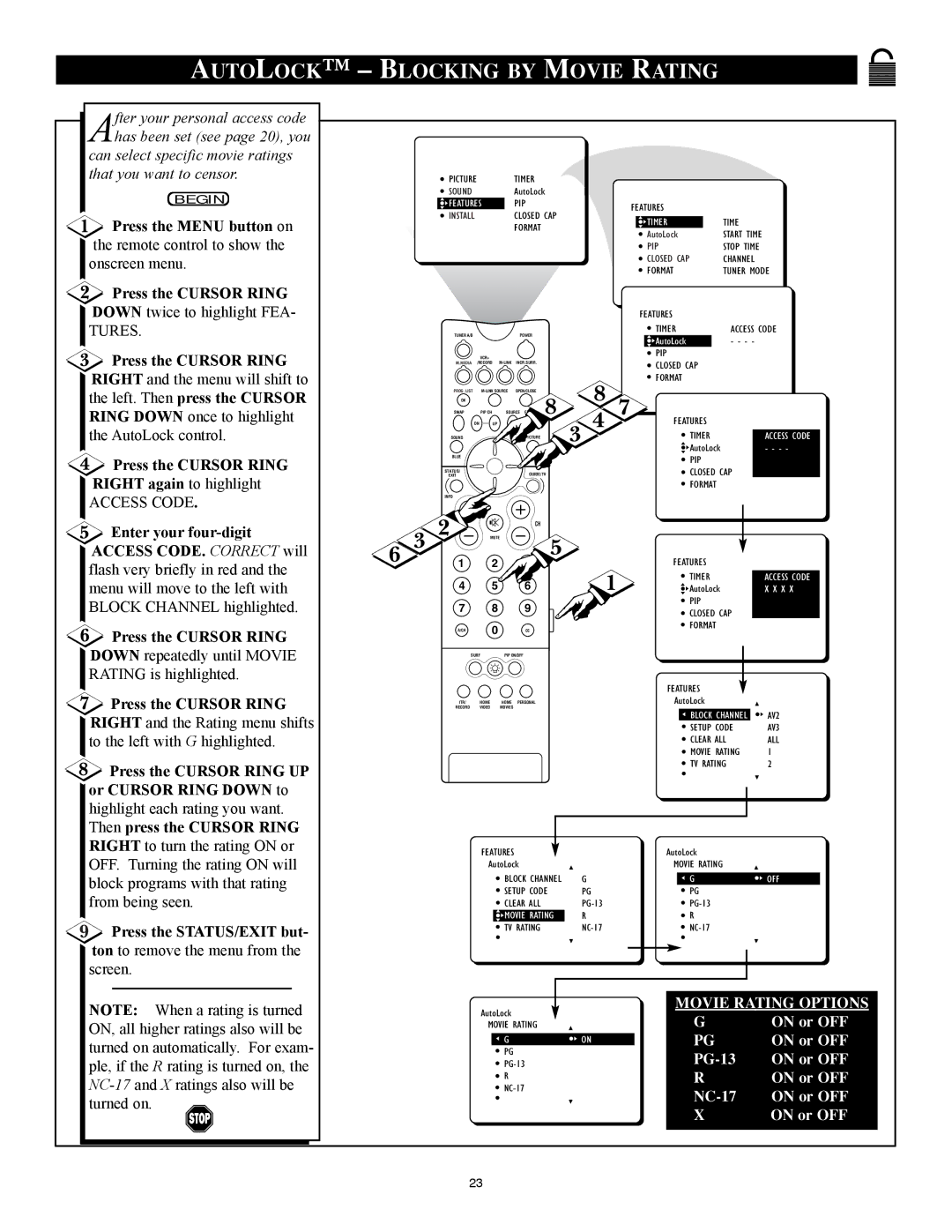 Philips 32PT91S1 manual Auto Lock Blocking by Movie Rating 