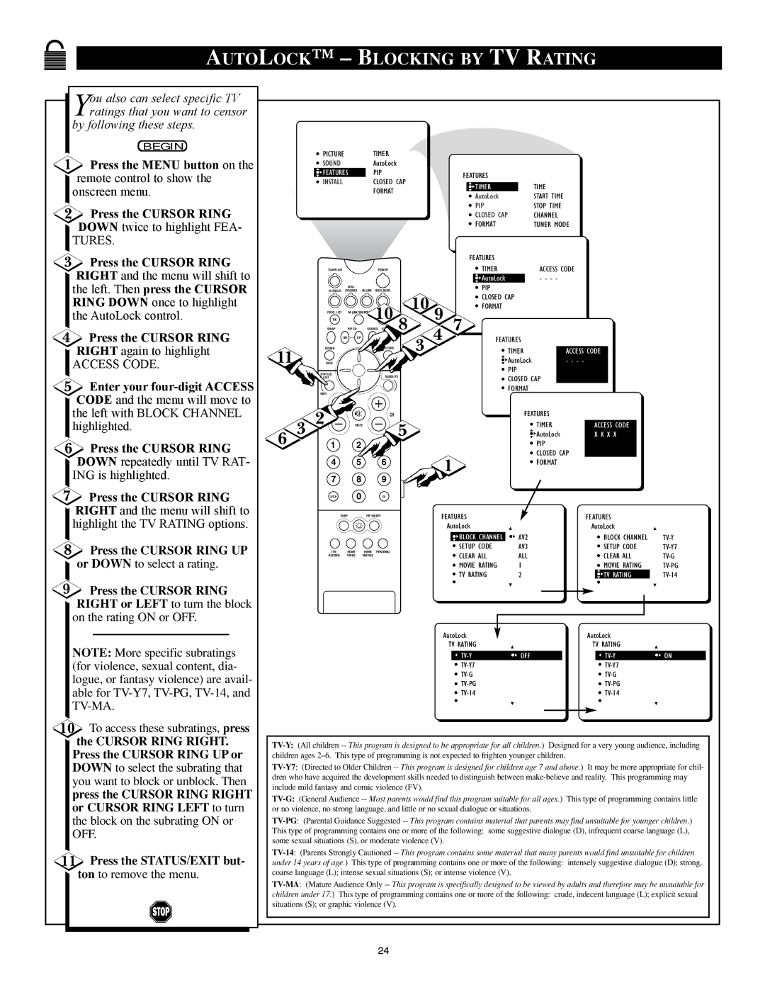 Philips 32PT91S1 manual Autolock Blocking by TV Rating, Remote control to show the onscreen menu 