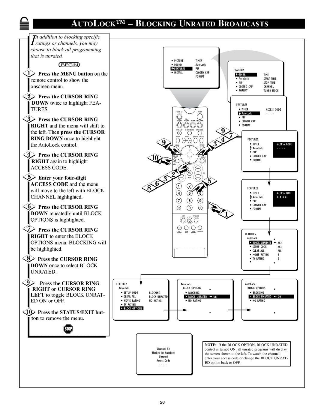 Philips 32PT91S1 manual Autolock Blocking Unrated Broadcasts 