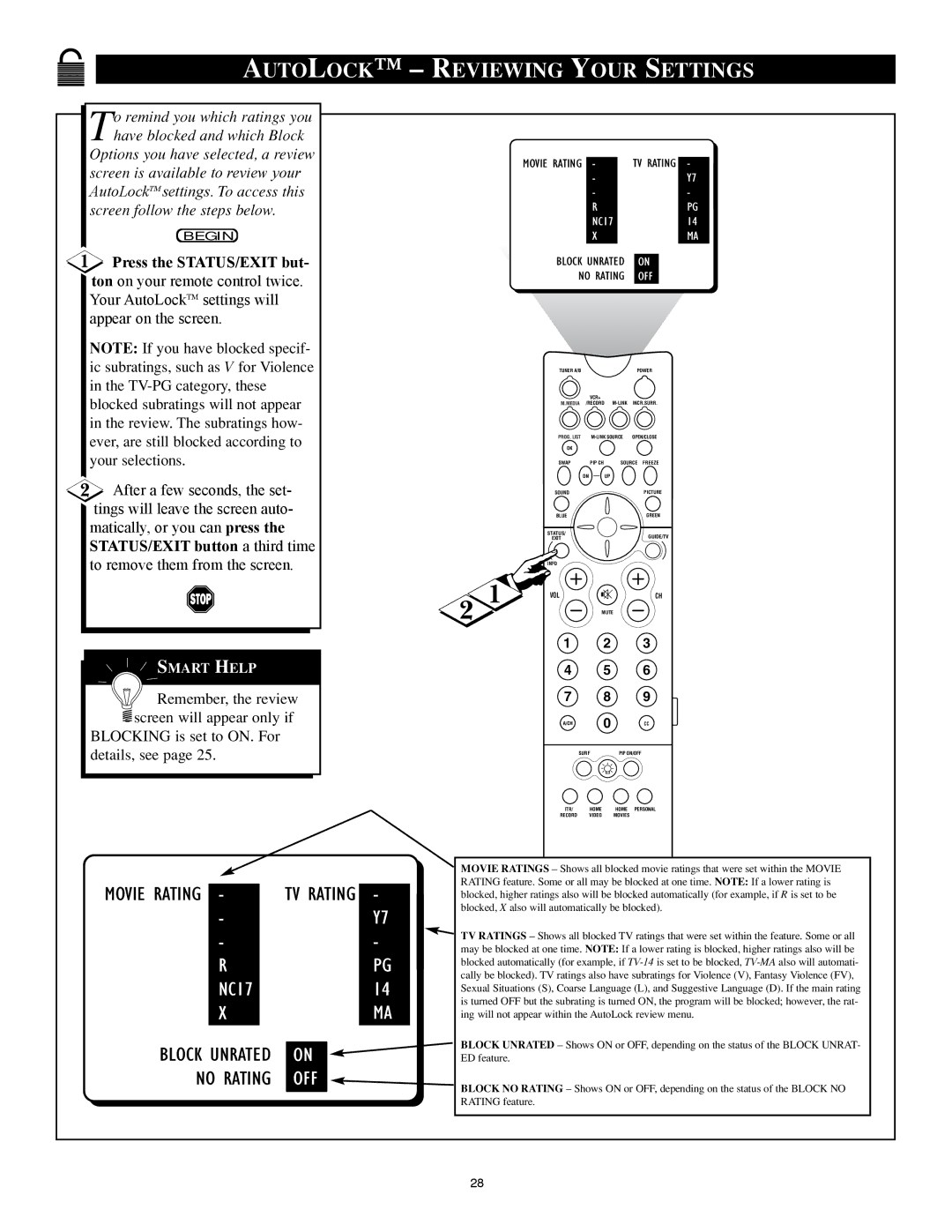 Philips 32PT91S1 manual Autolock Reviewing Your Settings, Block Unrated No Rating 