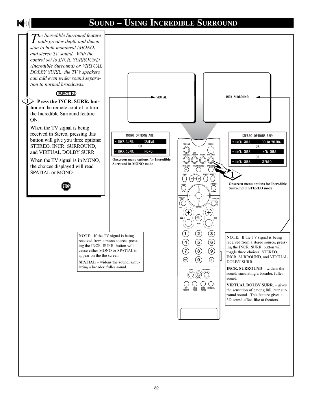 Philips 32PT91S1 manual Sound Using Incredible Surround 