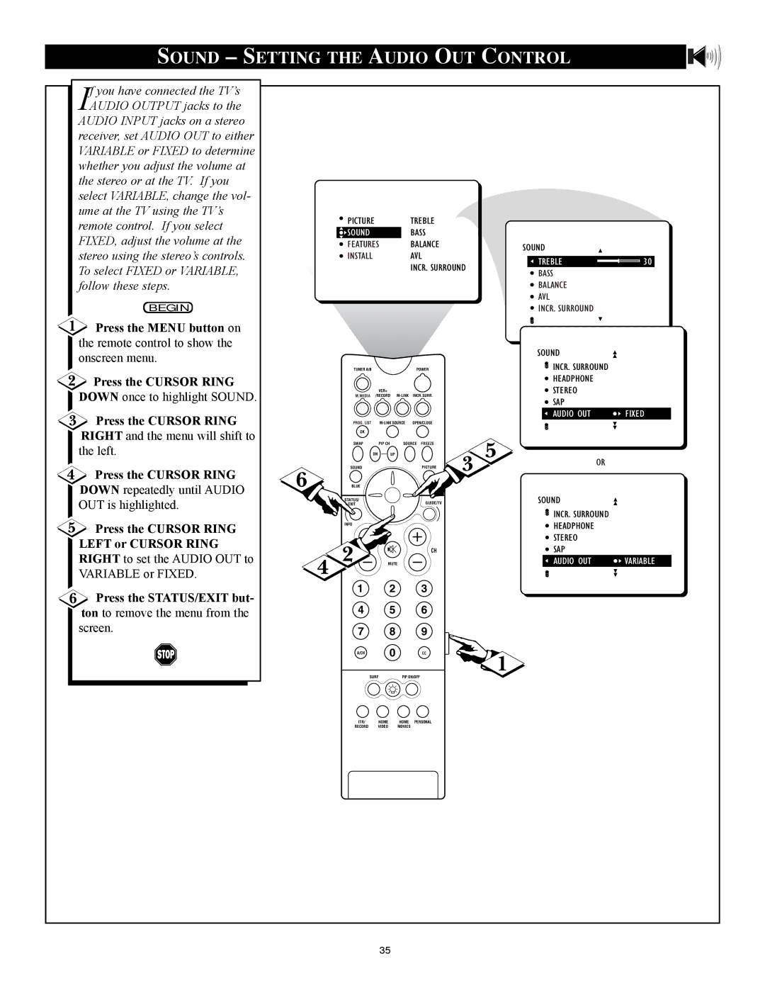 Philips 32PT91S1 manual Sound Setting the Audio OUT Control, Left or Cursor Ring 