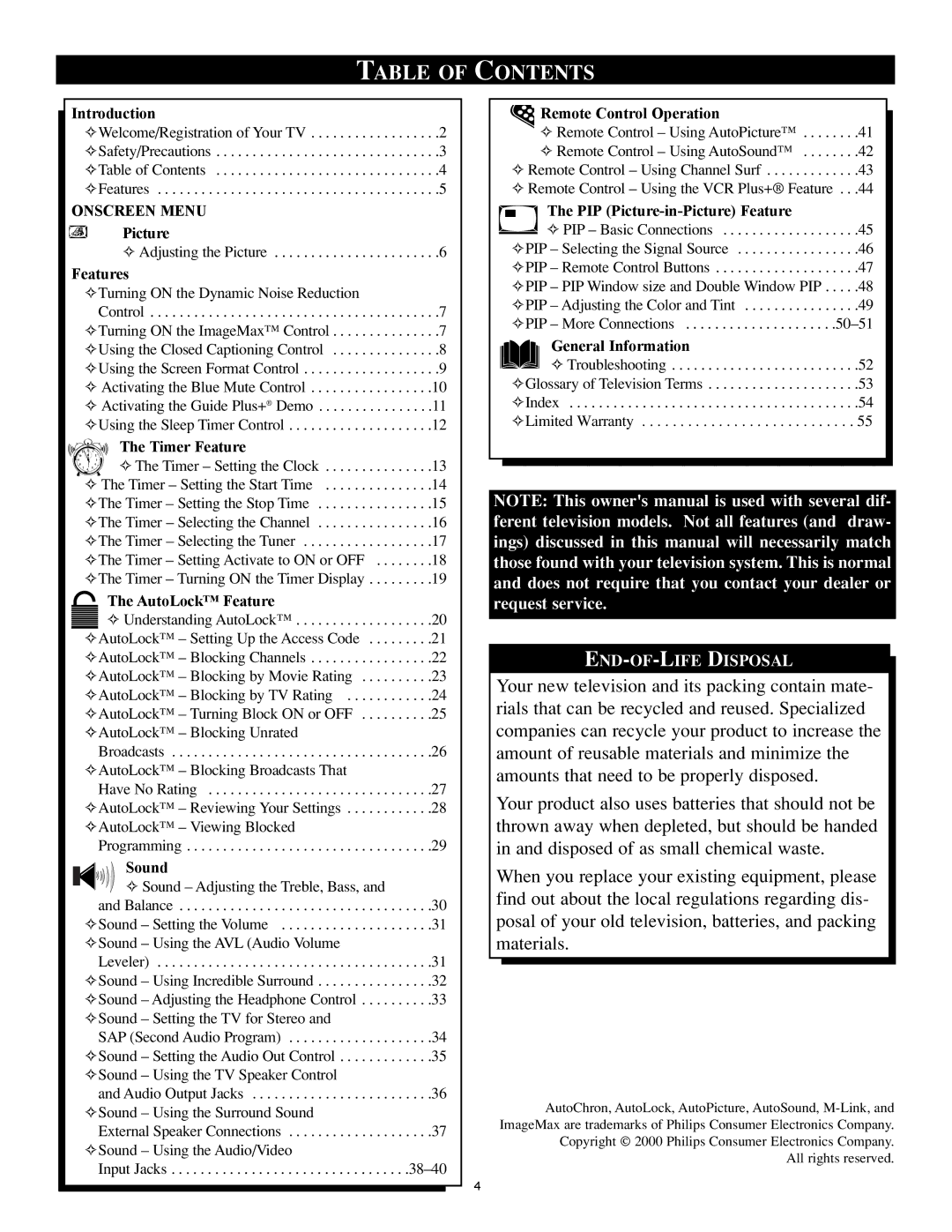 Philips 32PT91S1 manual Table of Contents 