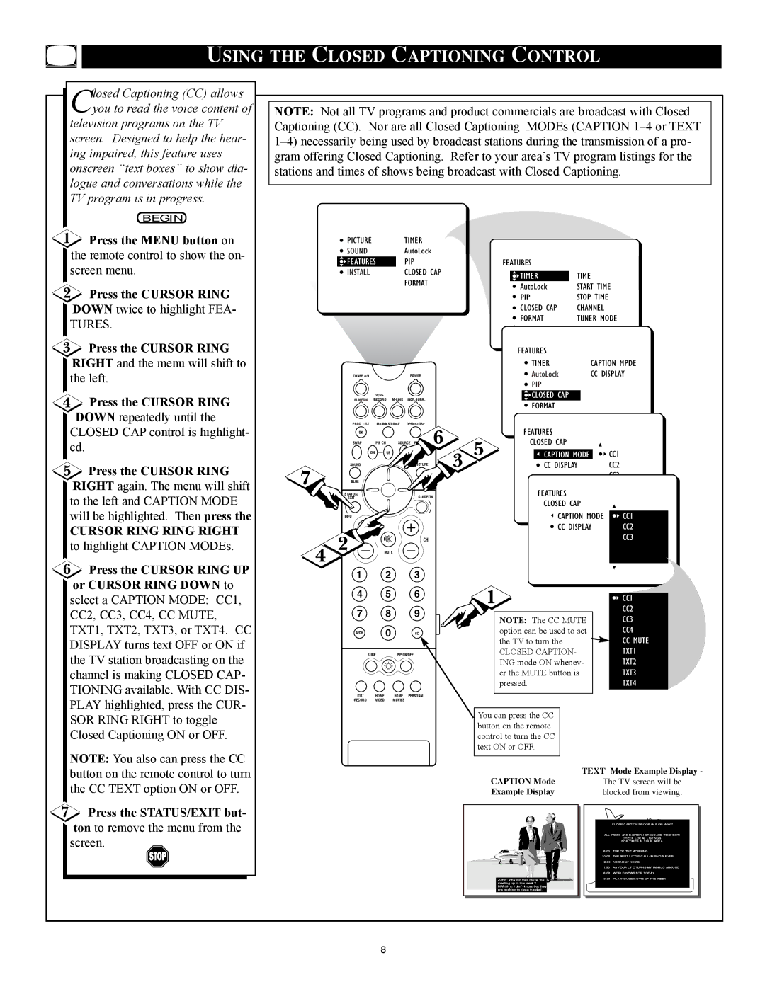 Philips 32PT91S1 manual Using the Closed Captioning Control, Press the Cursor Ring Right and the menu will shift to 