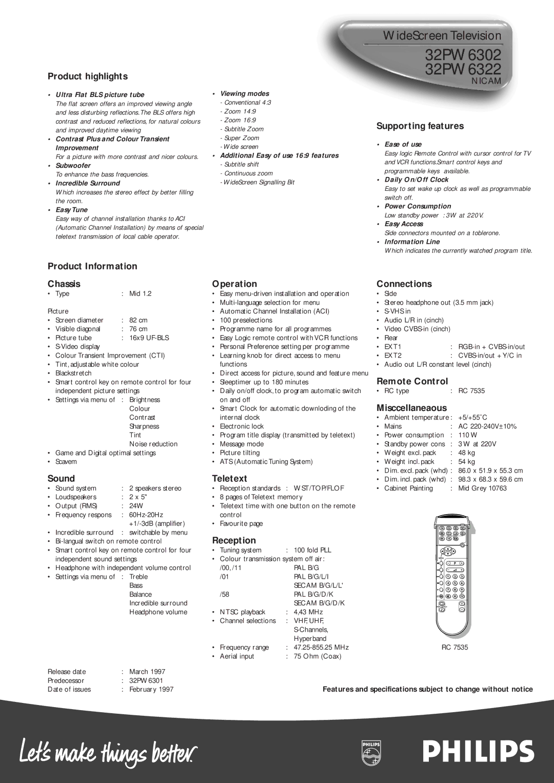 Philips 32PW6302 manual Remote Control 