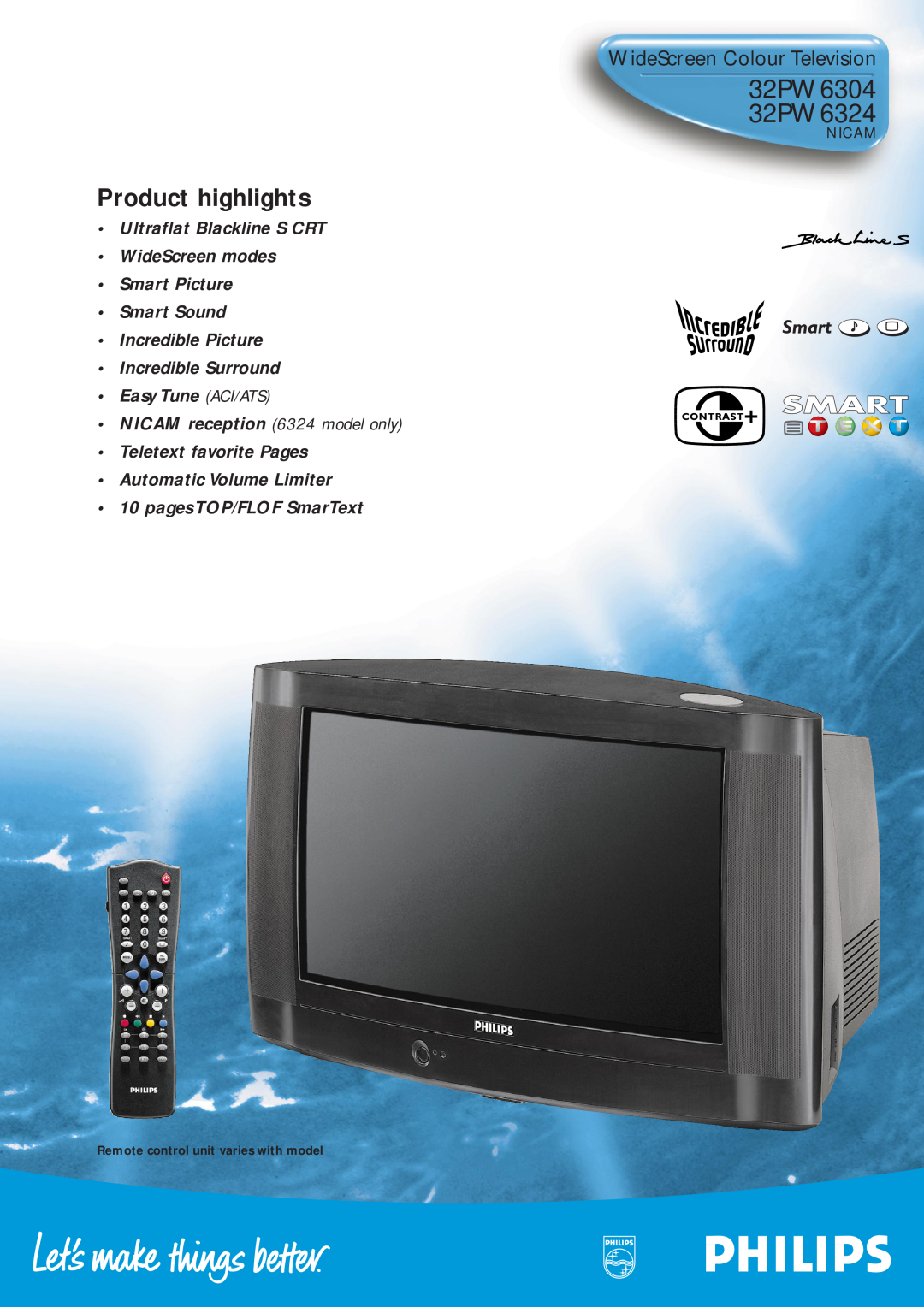 Philips manual 32PW6304 32PW6324, Product highlights, WideScreen Colour Television, Nicam 