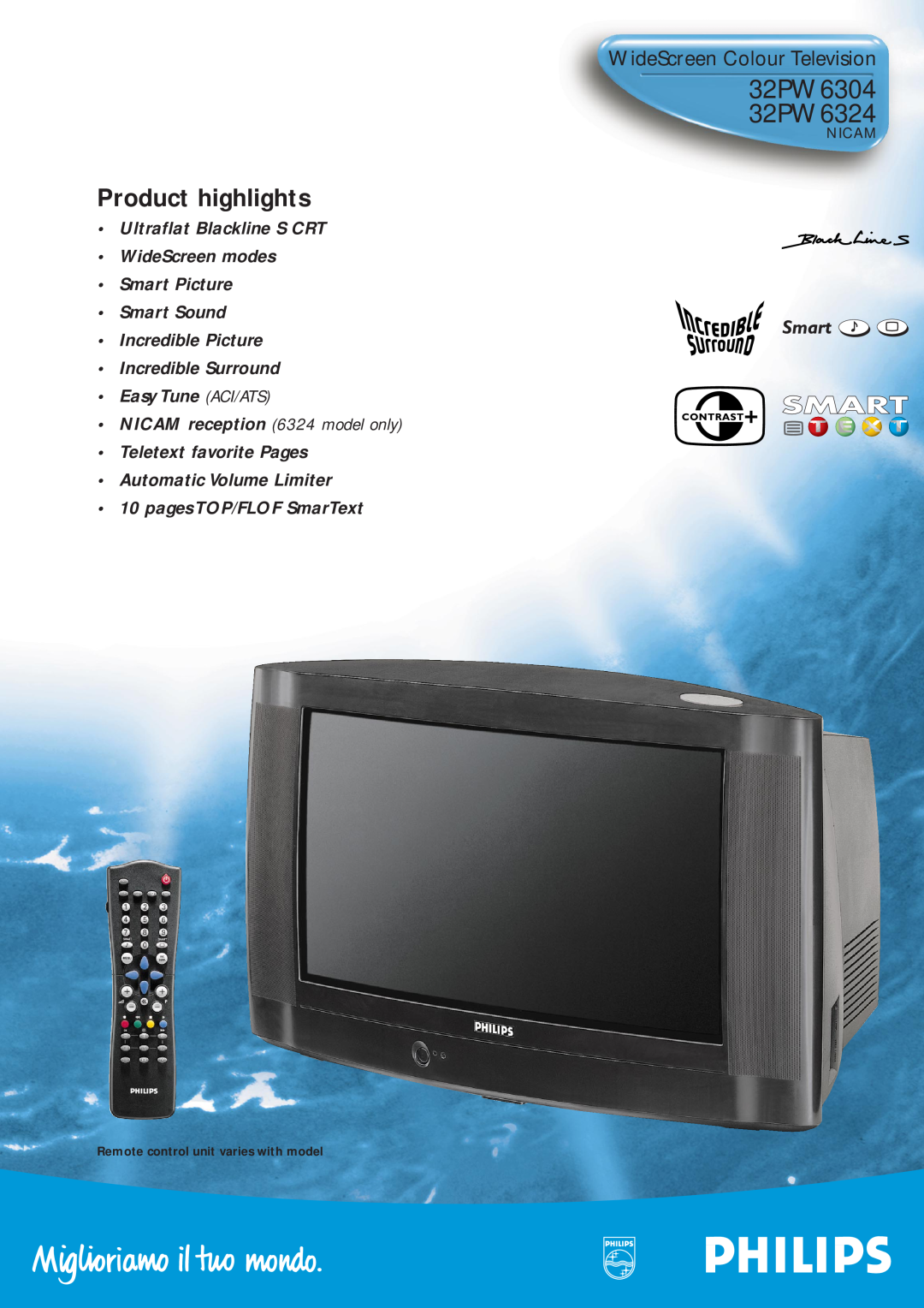 Philips manual 32PW6304 32PW6324, Product highlights, WideScreen Colour Television, Nicam 