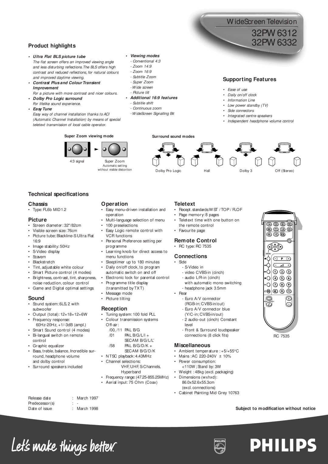 Philips 32PW6312, 32PW6332 manual Technical specifications Chassis Operation Teletext 