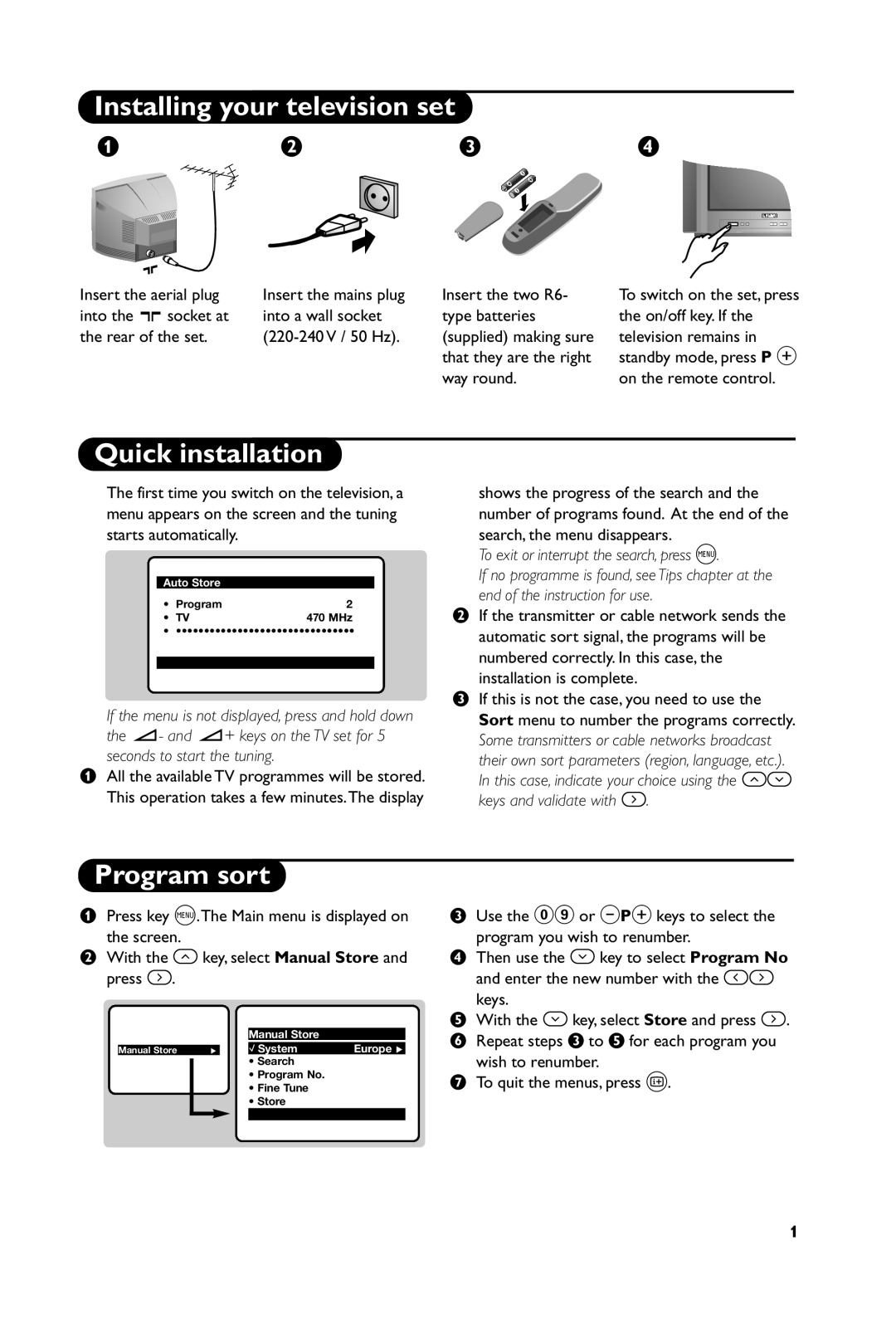 Philips 32PW6451 manual Installing your television set, Quick installation, Program sort 