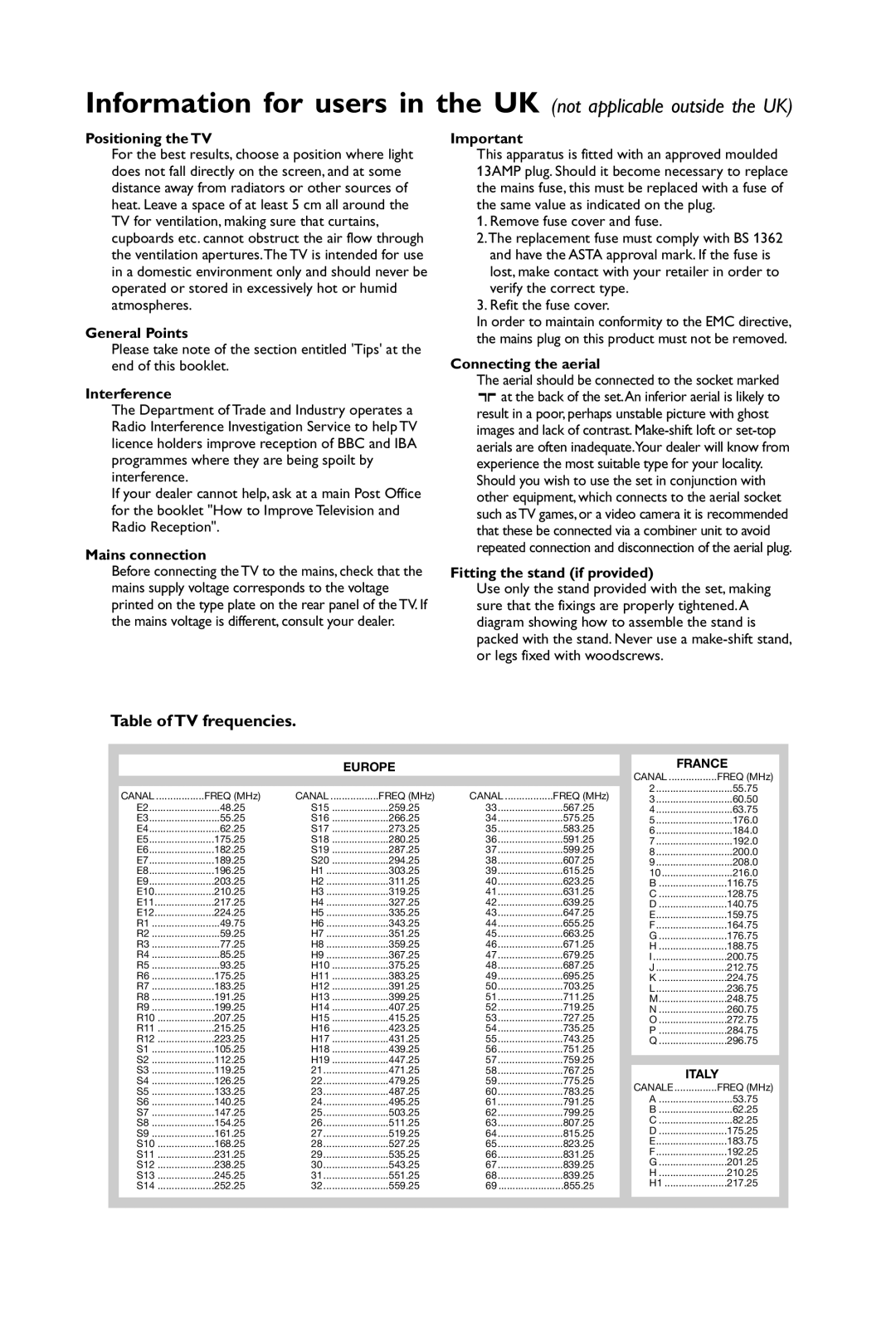 Philips 32PW6451 manual Table of TV frequencies 