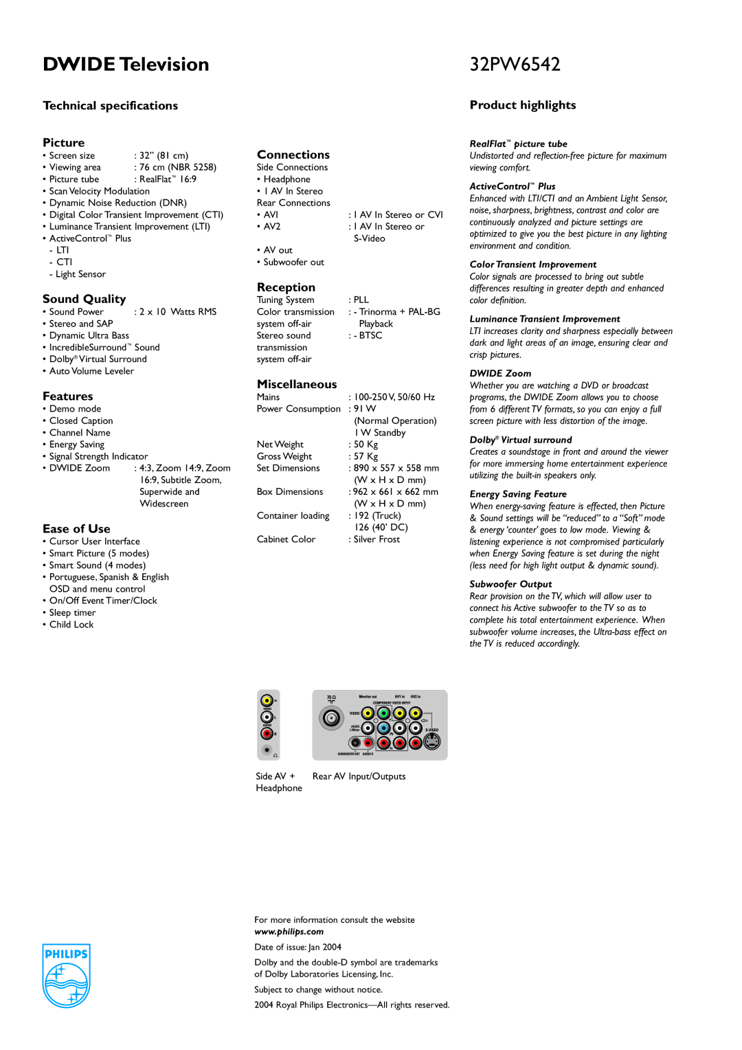 Philips 32PW6542 manual Technical specifications Picture, Connections, Sound Quality Reception, Features Miscellaneous 